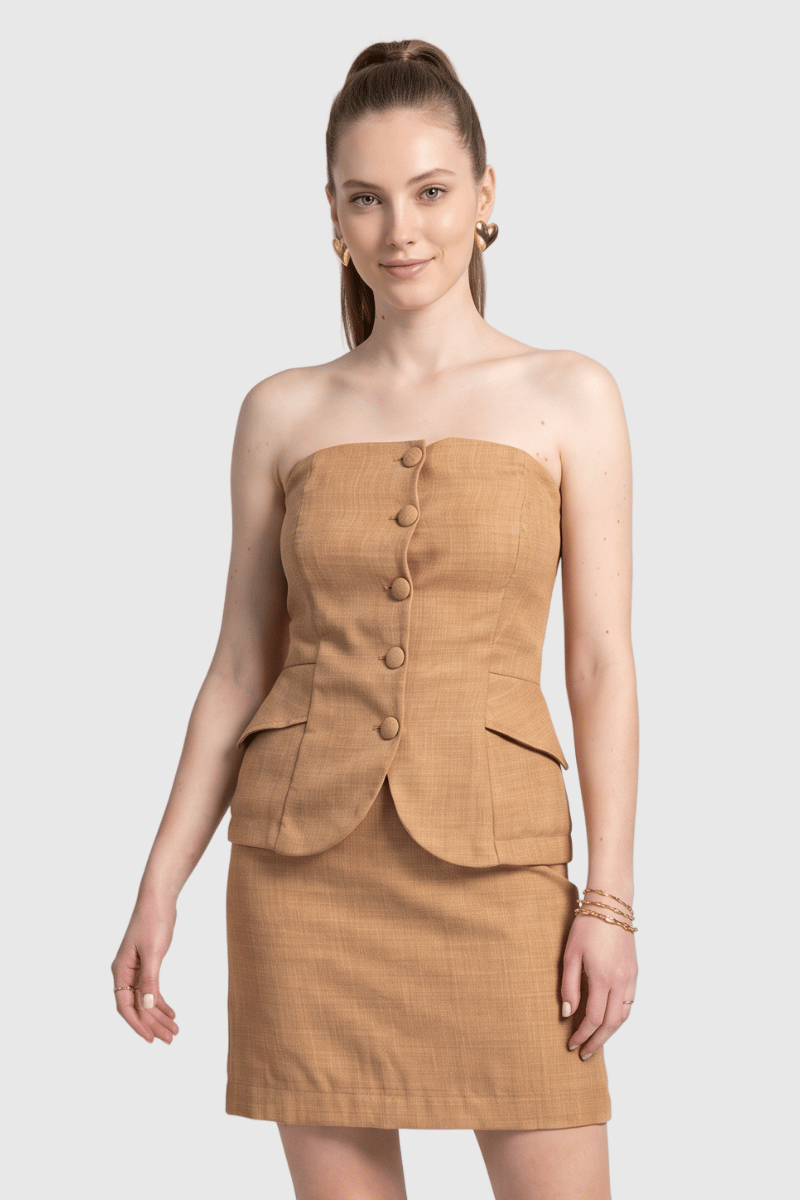 01 conjunto feminino tomara que caia com saia curta chocolate