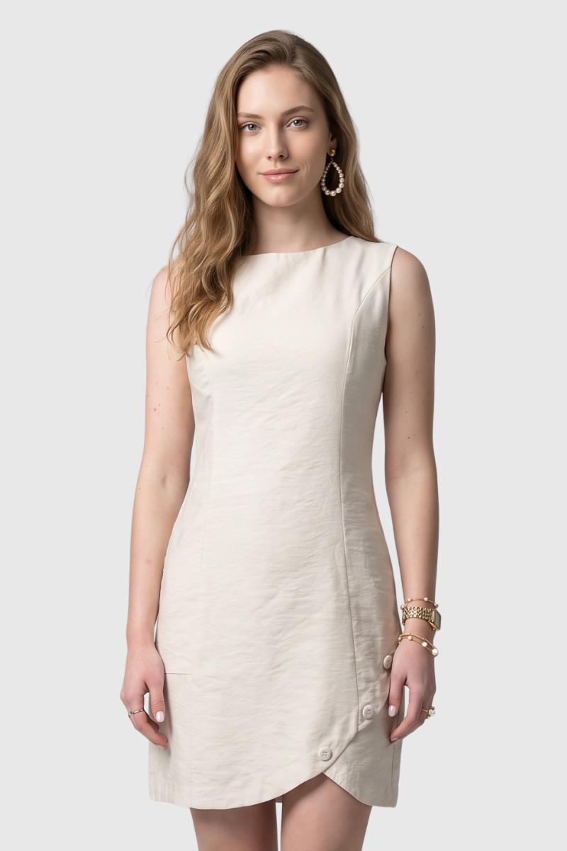 06 vestido feminino curto botoes bege