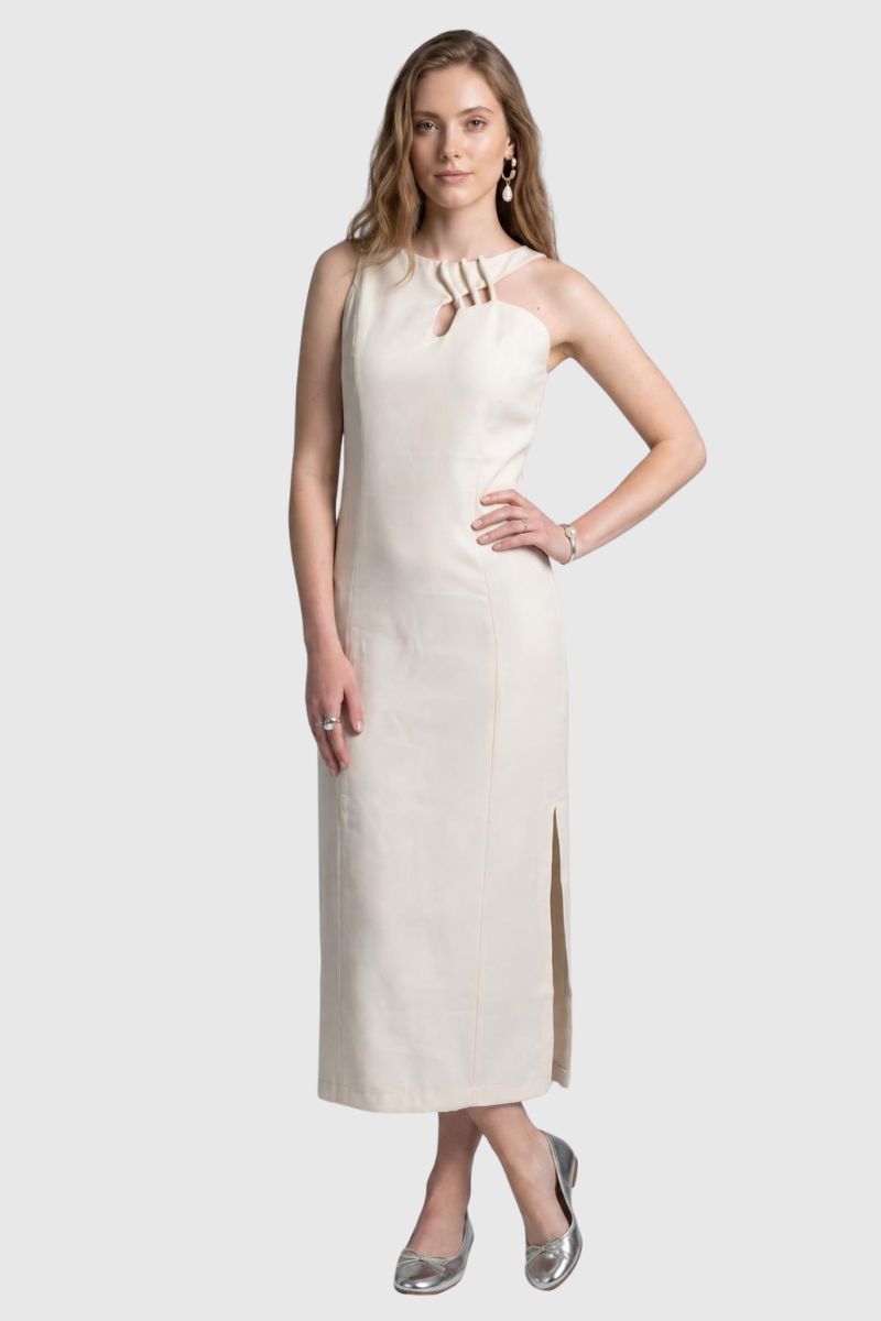 01 vestido feminino decote assimetrico nude